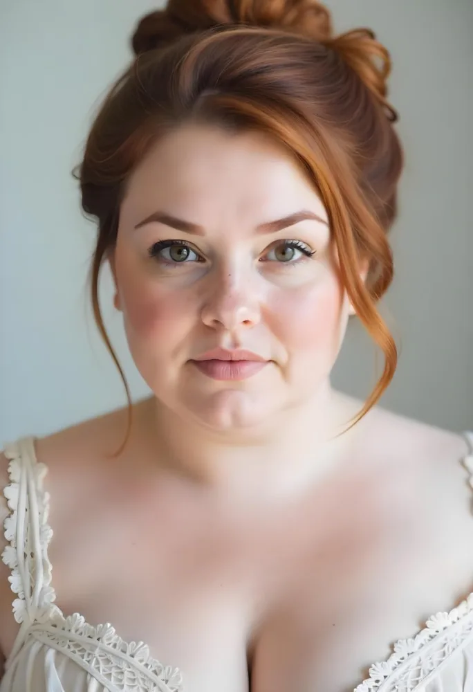 A White Woman 28 Years Old Red Hair Freckles Light Skin Looking At The Camera With A White Dress And A Plain White Background 6 Adf0