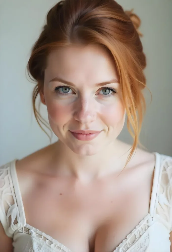 A White Woman 28 Years Old Red Hair Freckles Light Skin Looking At The Camera With A White Dress And A Plain White Background 7 88b3
