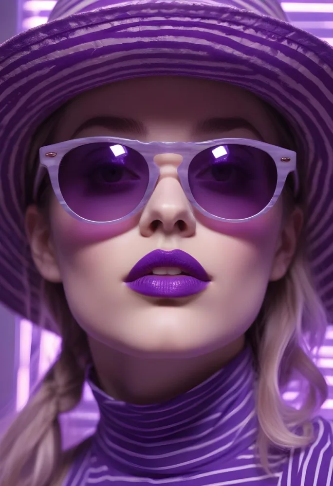 A White Woman 28 Years Old Wearing Purple Sunglasses And A Hat Purple Lipstick Striped Shirt Purple Light 4 F783