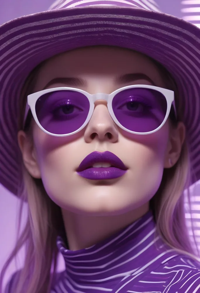 A White Woman 28 Years Old Wearing Purple Sunglasses And A Hat Purple Lipstick Striped Shirt Purple Light 8 Cc62