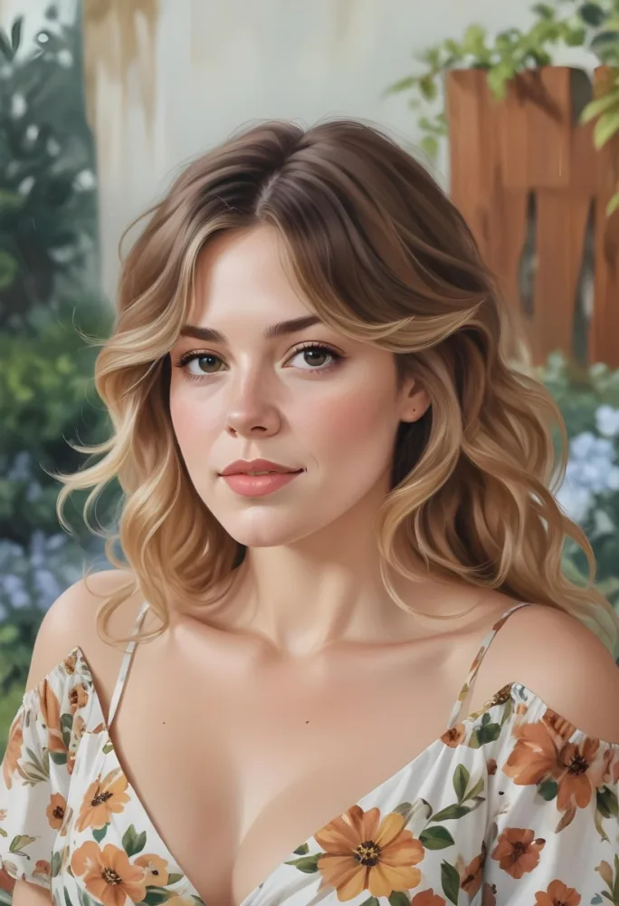 A White Woman 28 Years Old With Fair Skin Brown And Blonde Wavy Hair Wearing A Floral Dress In A Garden 11 E677