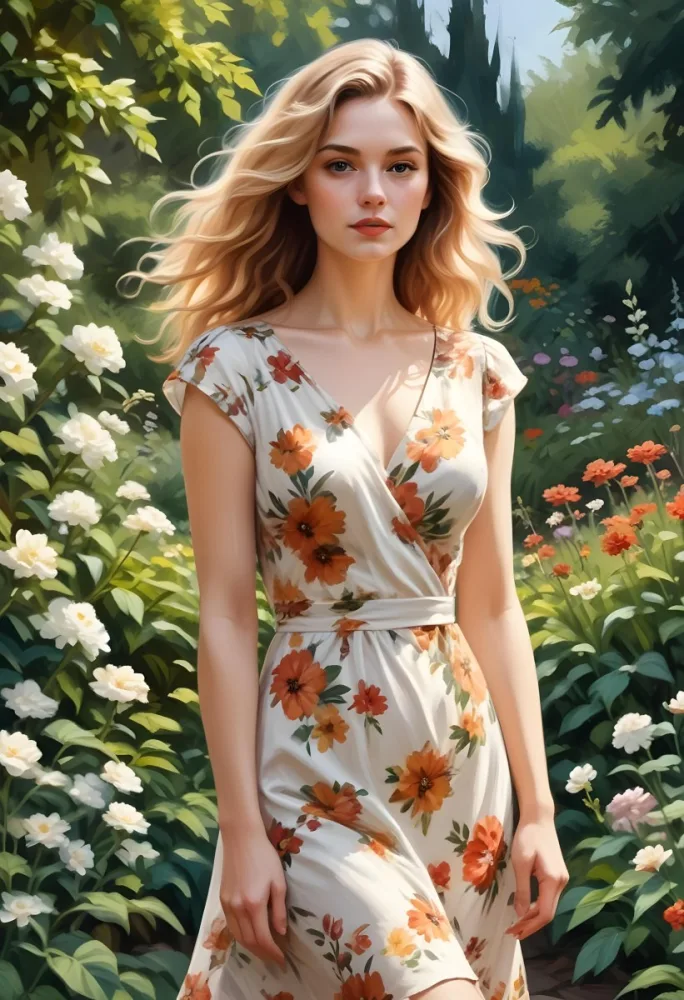 A White Woman 28 Years Old With Fair Skin Brown And Blonde Wavy Hair Wearing A Floral Dress In A Garden 12 4e83