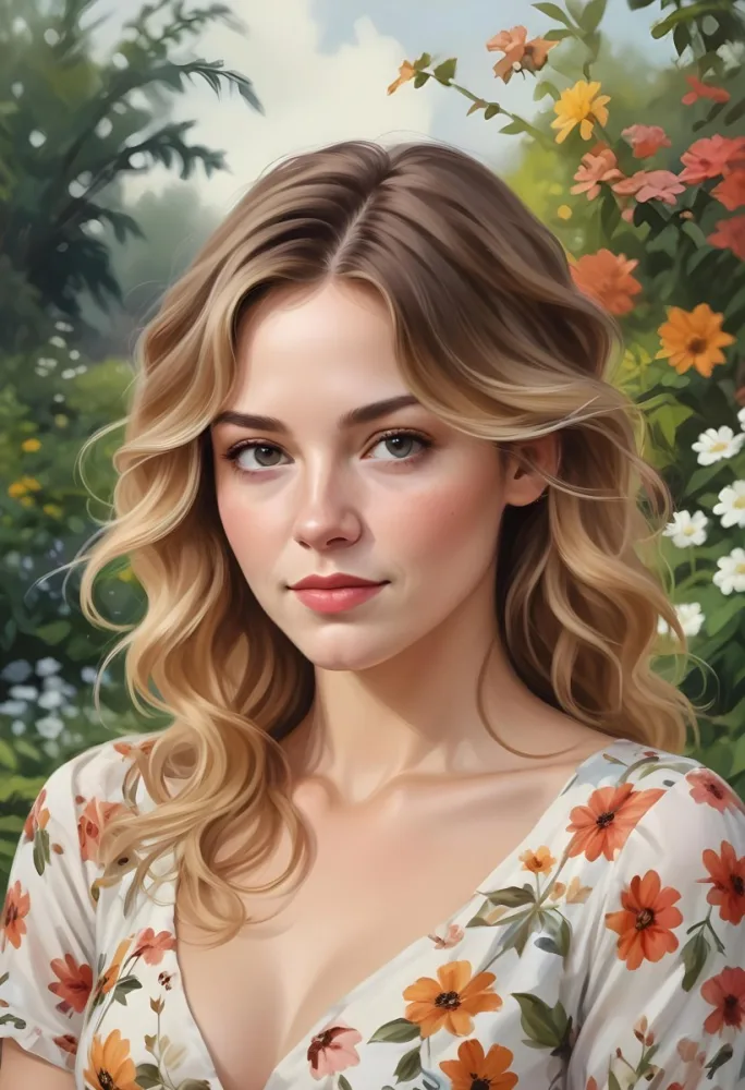 A White Woman 28 Years Old With Fair Skin Brown And Blonde Wavy Hair Wearing A Floral Dress In A Garden 18 6671