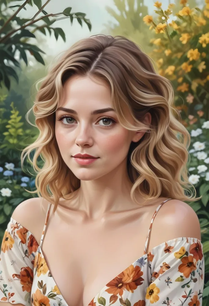A White Woman 28 Years Old With Fair Skin Brown And Blonde Wavy Hair Wearing A Floral Dress In A Garden 2 3480
