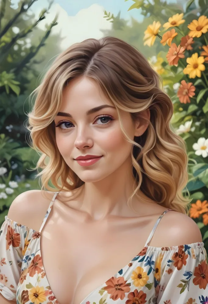 A White Woman 28 Years Old With Fair Skin Brown And Blonde Wavy Hair Wearing A Floral Dress In A Garden 5 7495