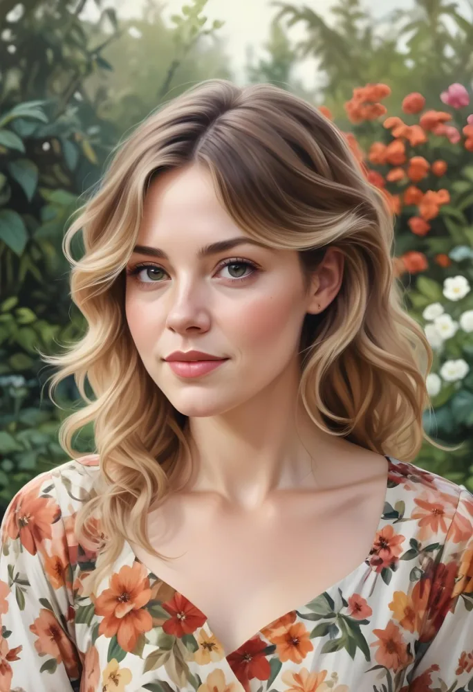 A White Woman 28 Years Old With Fair Skin Brown And Blonde Wavy Hair Wearing A Floral Dress In A Garden 9 77f1