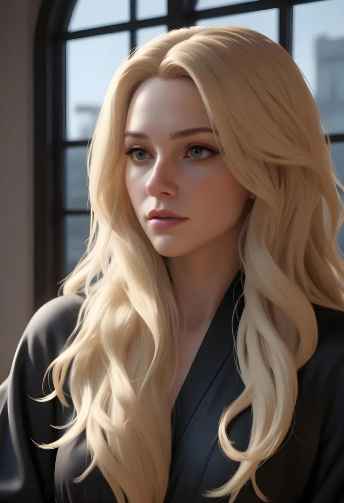A White Woman 28 Years Old With Long Blonde Hair Light Skin Wearing A Black Robe In A Room With A Window In The Background 15 Cc97