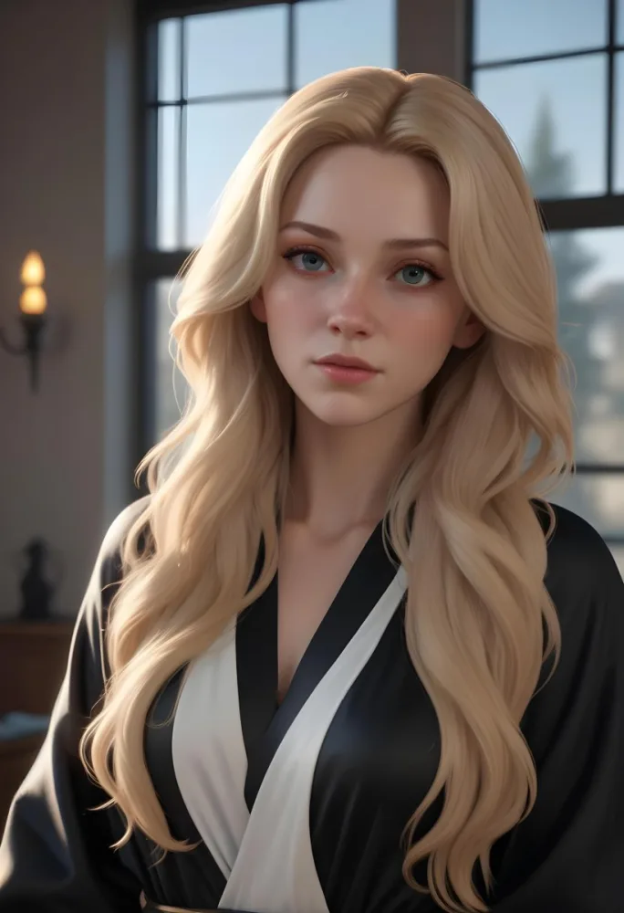 A White Woman 28 Years Old With Long Blonde Hair Light Skin Wearing A Black Robe In A Room With A Window In The Background 17 D205