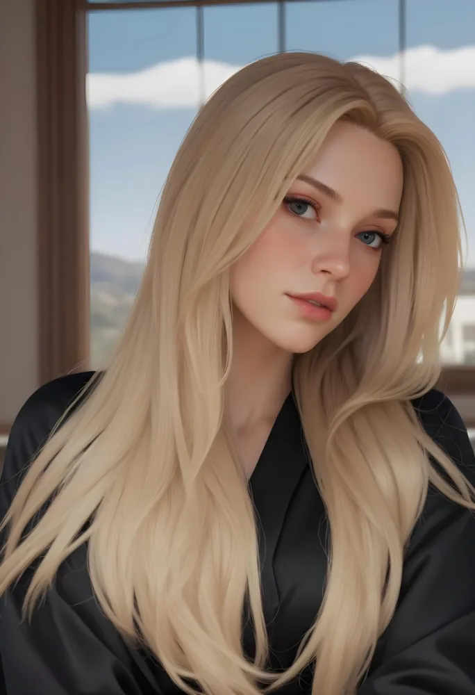 A White Woman 28 Years Old With Long Blonde Hair Light Skin Wearing A Black Robe In A Room With A Window In The Background 18 80bb