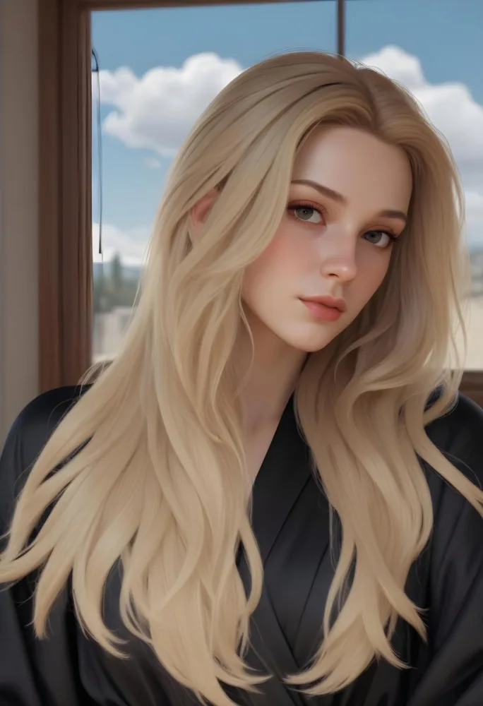 A White Woman 28 Years Old With Long Blonde Hair Light Skin Wearing A Black Robe In A Room With A Window In The Background 2 B697