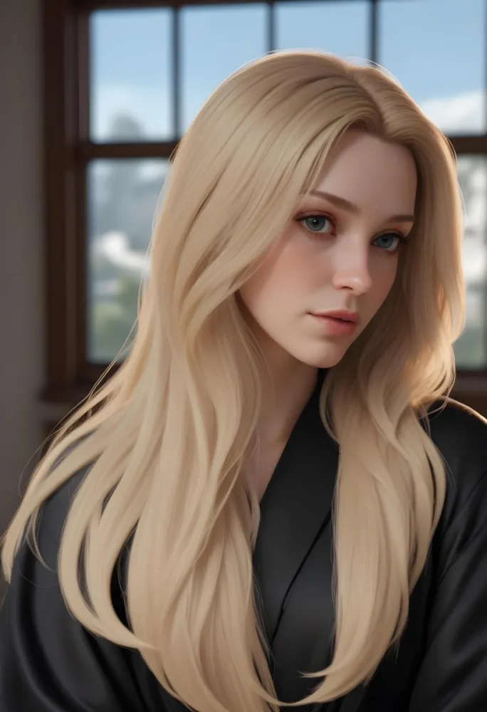 A White Woman 28 Years Old With Long Blonde Hair Light Skin Wearing A Black Robe In A Room With A Window In The Background 20 42d2