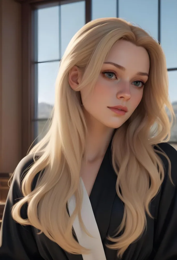 A White Woman 28 Years Old With Long Blonde Hair Light Skin Wearing A Black Robe In A Room With A Window In The Background 21 Bb1a