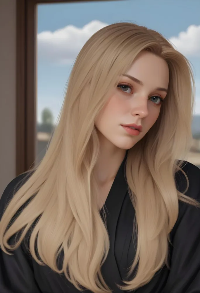 A White Woman 28 Years Old With Long Blonde Hair Light Skin Wearing A Black Robe In A Room With A Window In The Background 27 A88d