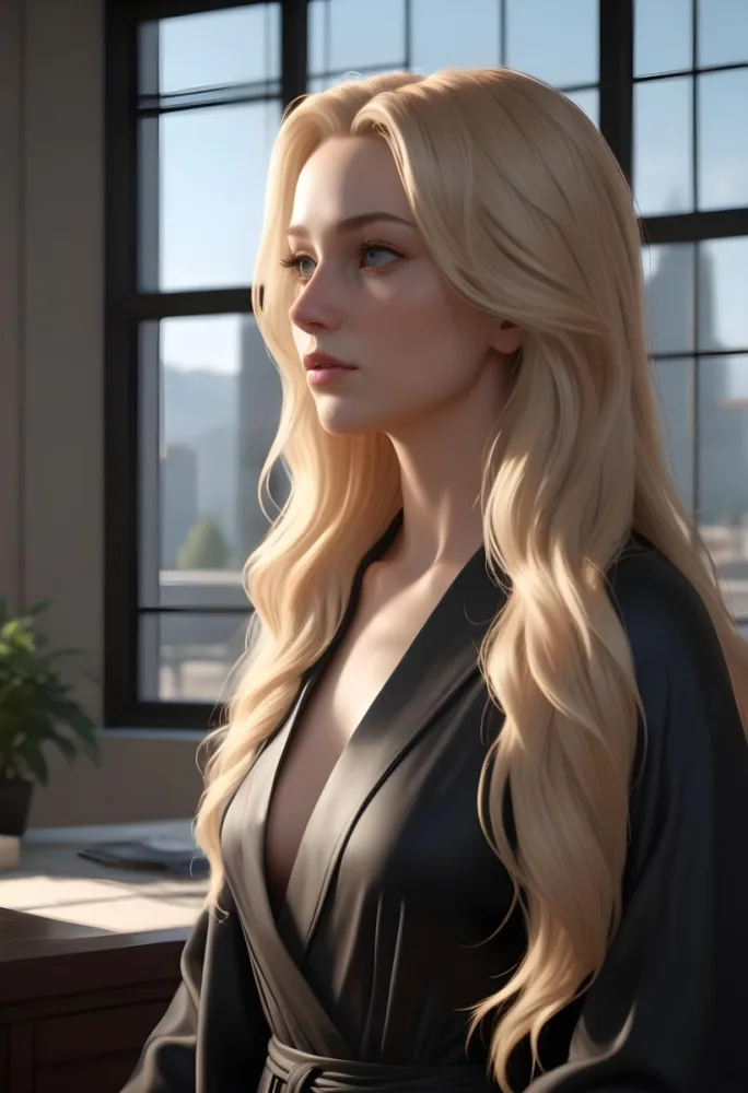 A White Woman 28 Years Old With Long Blonde Hair Light Skin Wearing A Black Robe In A Room With A Window In The Background 40 2903