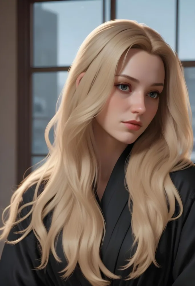 A White Woman 28 Years Old With Long Blonde Hair Light Skin Wearing A Black Robe In A Room With A Window In The Background 9 E490