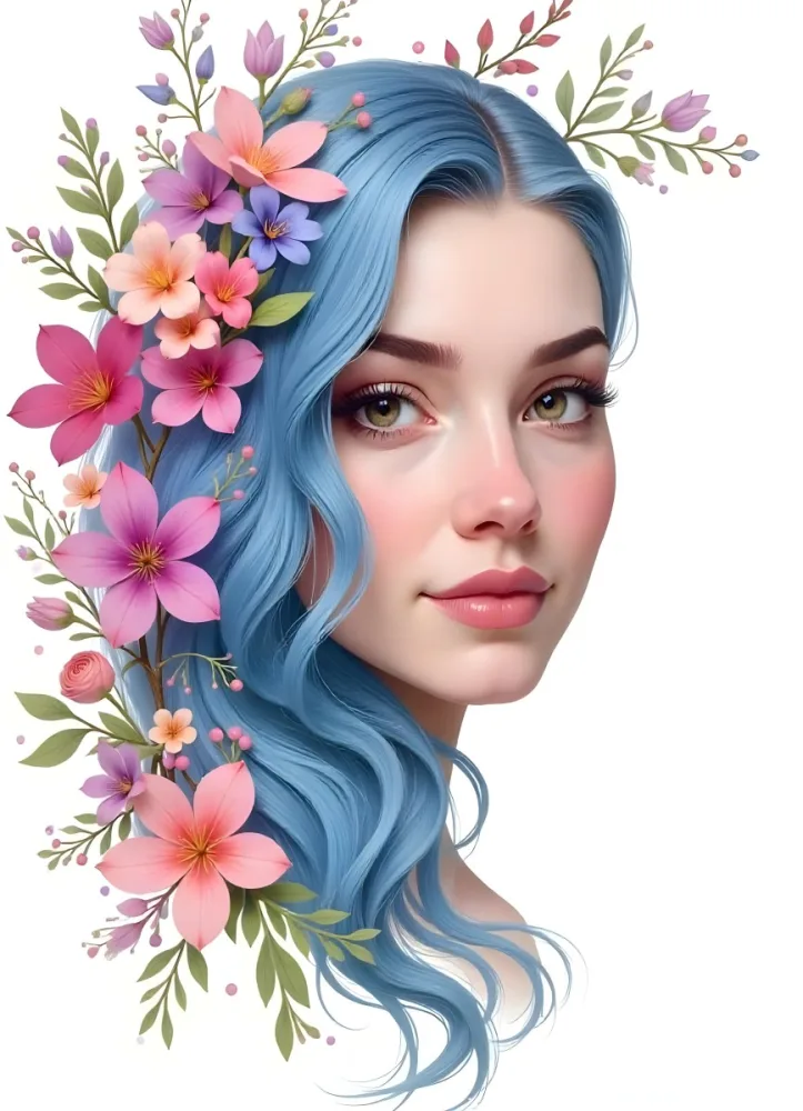 A White Woman 28 Years Old With Long Blue Hair Light Skin And Brown Eyes With Colorful Flowers In A White Background 13 E578 921a