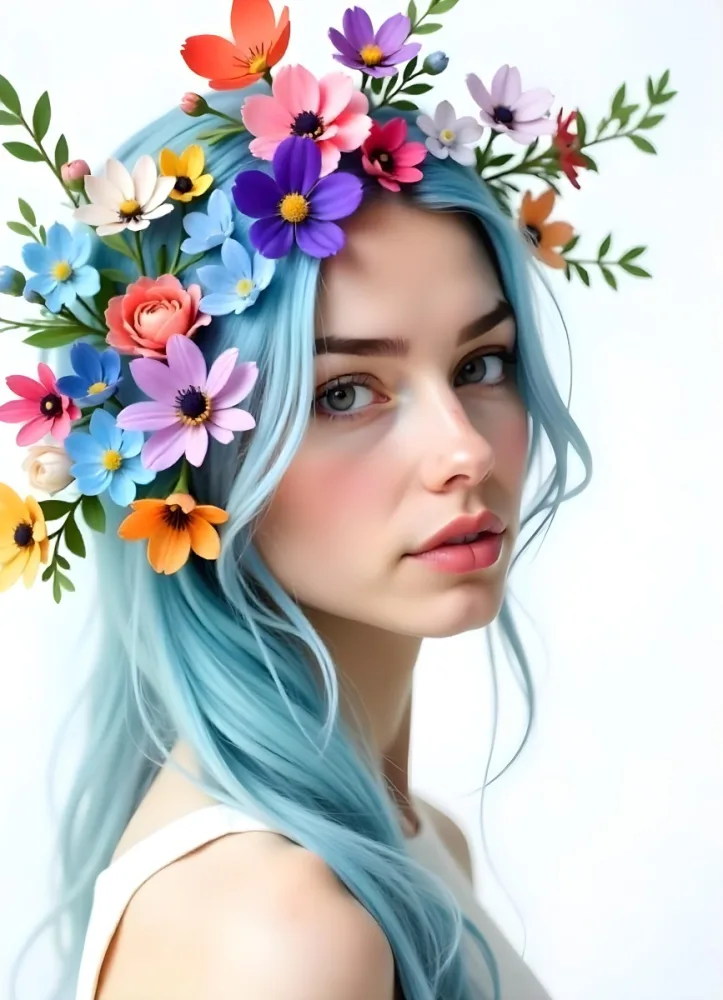 A White Woman 28 Years Old With Long Blue Hair Light Skin And Brown Eyes With Colorful Flowers In A White Background 21 3f1a