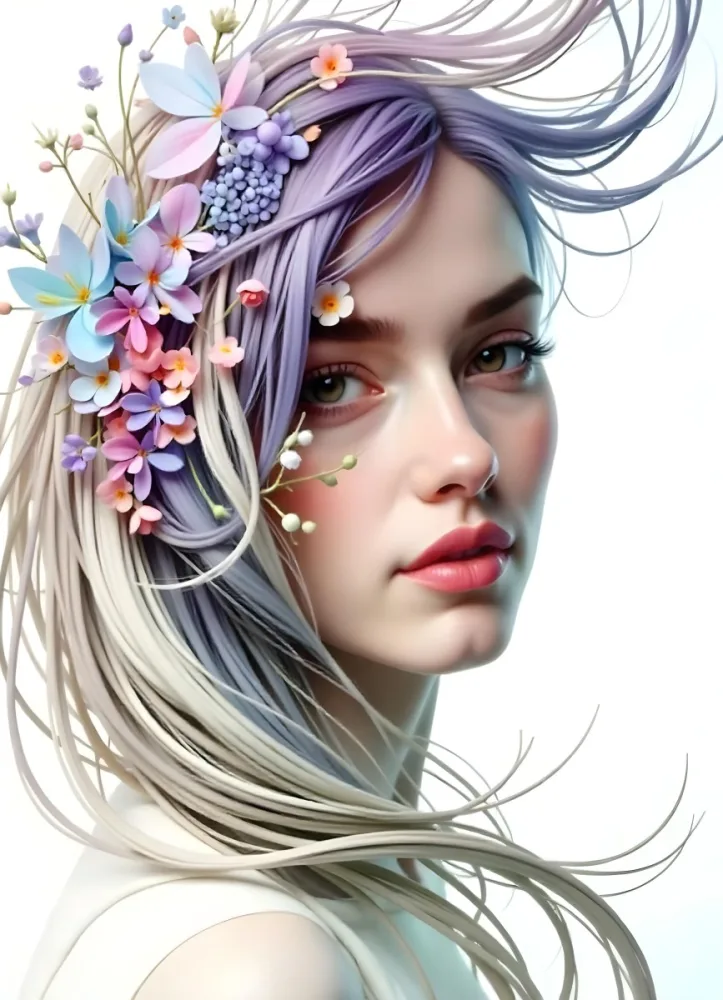 A White Woman 28 Years Old With Long Blue Hair Light Skin And Brown Eyes With Colorful Flowers In A White Background 9 334f 3b51