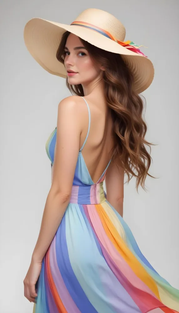 A White Woman 28 Years Old With Long Brown Wavy Hair Wearing A Rainbow Dress And A Straw Hat In A White Background 14 906f