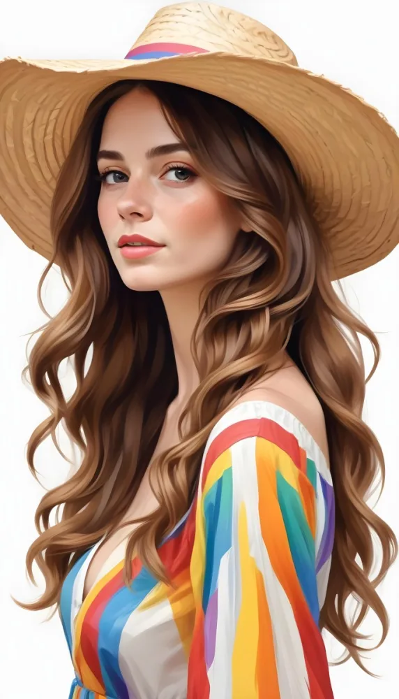 A White Woman 28 Years Old With Long Brown Wavy Hair Wearing A Rainbow Dress And A Straw Hat In A White Background 23 3111