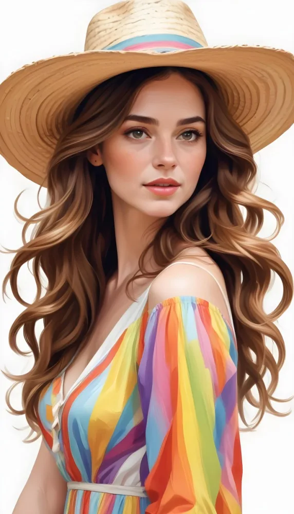A White Woman 28 Years Old With Long Brown Wavy Hair Wearing A Rainbow Dress And A Straw Hat In A White Background 24 Dc98