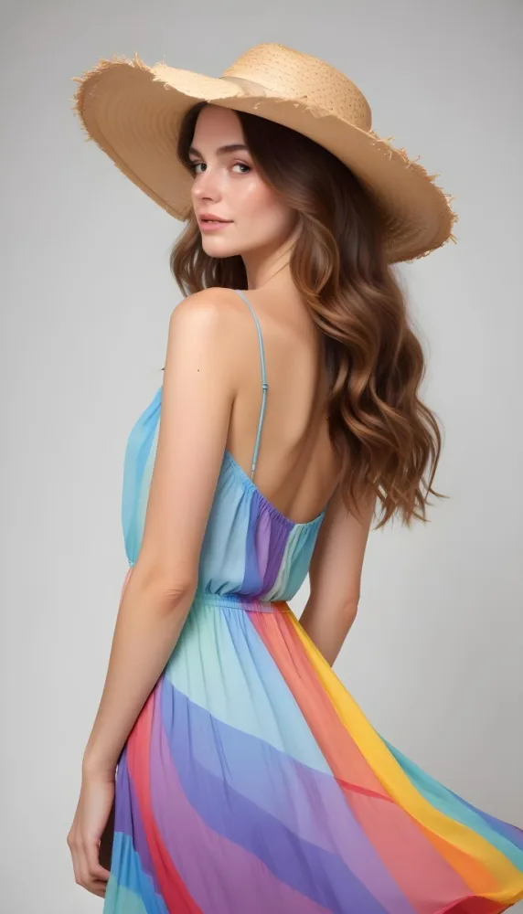 A White Woman 28 Years Old With Long Brown Wavy Hair Wearing A Rainbow Dress And A Straw Hat In A White Background 3 B8c9