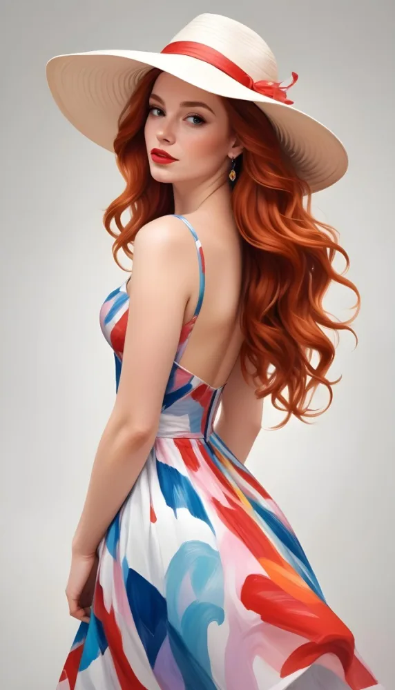 A White Woman 28 Years Old With Long Red Wavy Hair Wearing A Colorful Dress And A Hat Earrings Light Skin Red Lips In A White Background 1 Ccb6