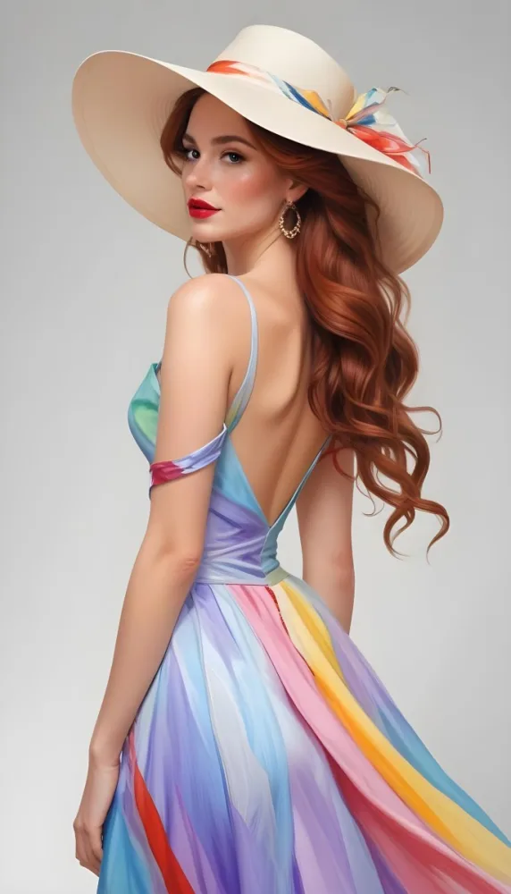 A White Woman 28 Years Old With Long Red Wavy Hair Wearing A Colorful Dress And A Hat Earrings Light Skin Red Lips In A White Background 19 1346
