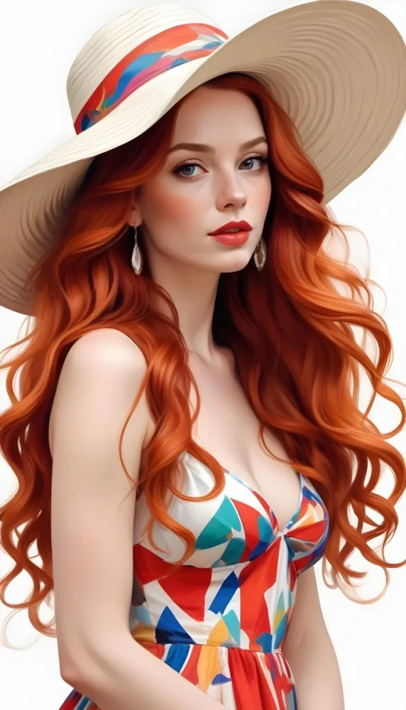 A White Woman 28 Years Old With Long Red Wavy Hair Wearing A Colorful Dress And A Hat Earrings Light Skin Red Lips In A White Background 25 Fb39