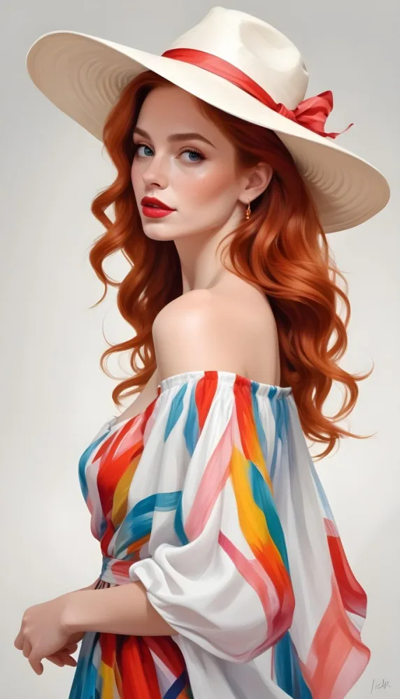 A White Woman 28 Years Old With Long Red Wavy Hair Wearing A Colorful Dress And A Hat Earrings Light Skin Red Lips In A White Background 28 9572