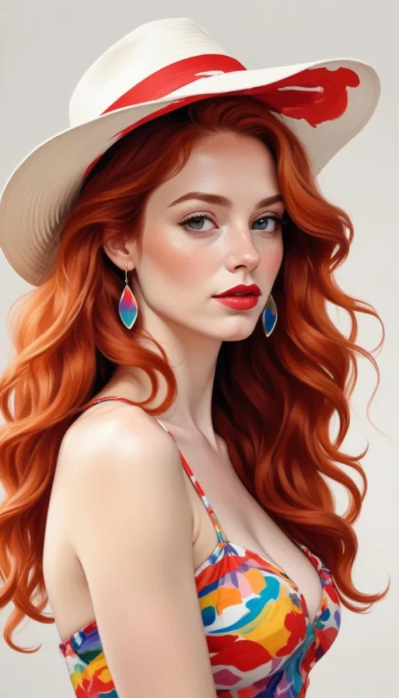 A White Woman 28 Years Old With Long Red Wavy Hair Wearing A Colorful Dress And A Hat Earrings Light Skin Red Lips In A White Background 3 Be29