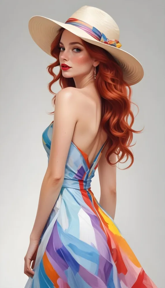 A White Woman 28 Years Old With Long Red Wavy Hair Wearing A Colorful Dress And A Hat Earrings Light Skin Red Lips In A White Background 33 Fe5f
