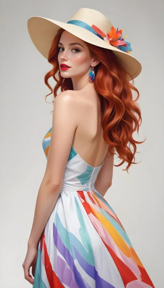 A White Woman 28 Years Old With Long Red Wavy Hair Wearing A Colorful Dress And A Hat Earrings Light Skin Red Lips In A White Background 6 4de9