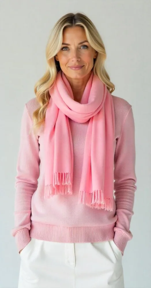 A White Woman 30 Years Old With Blonde Hair Wearing A Pink Sweater A White Skirt And A Pink Scarf In A Studio 21 209c
