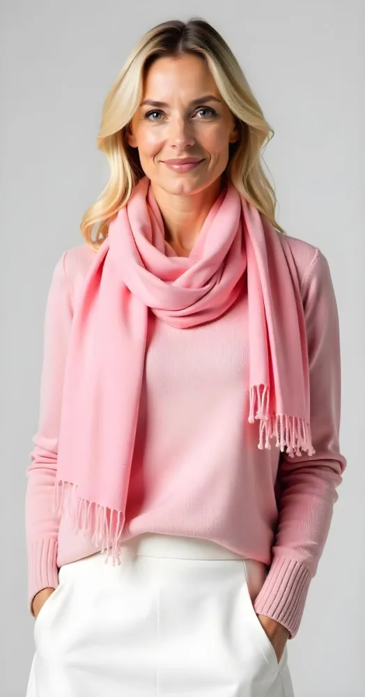A White Woman 30 Years Old With Blonde Hair Wearing A Pink Sweater A White Skirt And A Pink Scarf Studio Background 16 570d