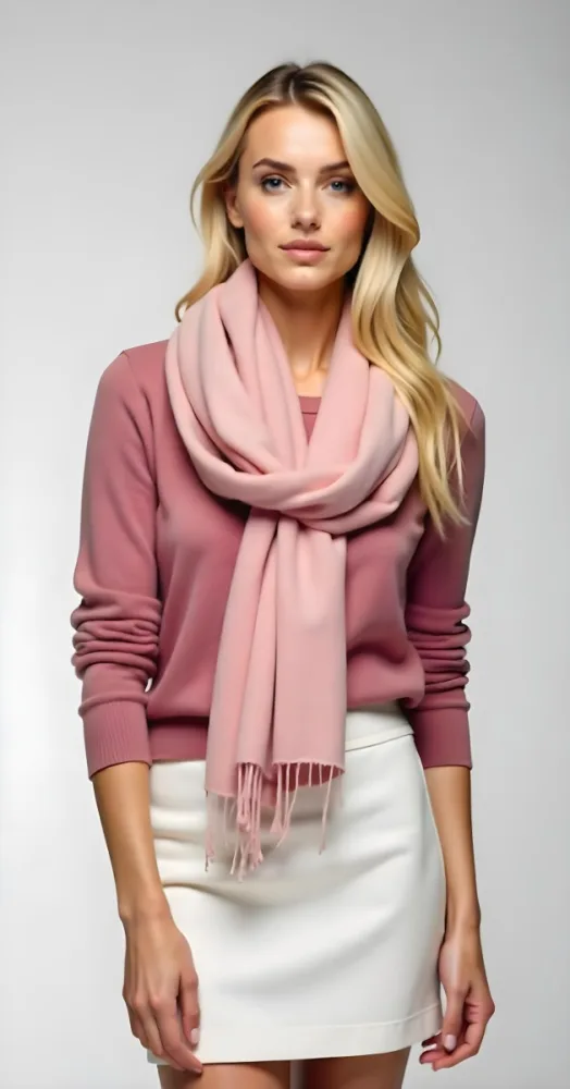 A White Woman 30 Years Old With Blonde Hair Wearing A Pink Sweater A White Skirt And A Pink Scarf Studio Background 18 E921