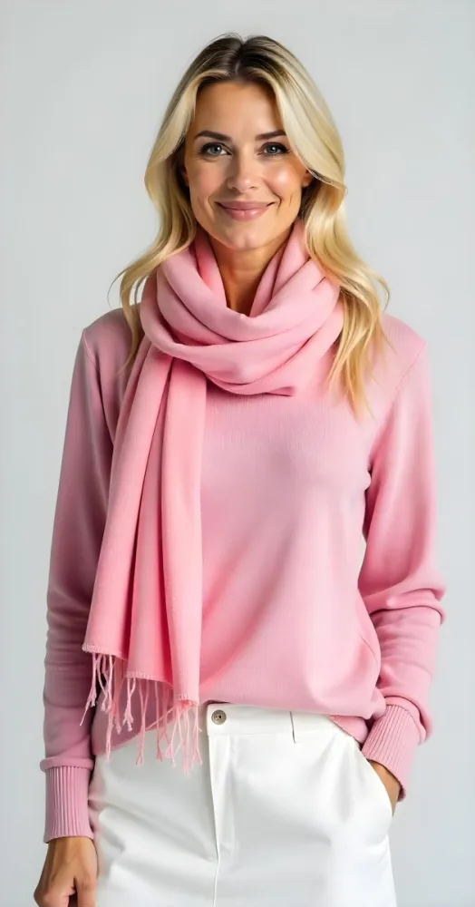 A White Woman 30 Years Old With Blonde Hair Wearing A Pink Sweater A White Skirt And A Pink Scarf Studio Background 20 B8d6