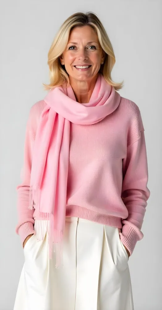 A White Woman 30 Years Old With Blonde Hair Wearing A Pink Sweater A White Skirt And A Pink Scarf Studio Background 21 D7e4