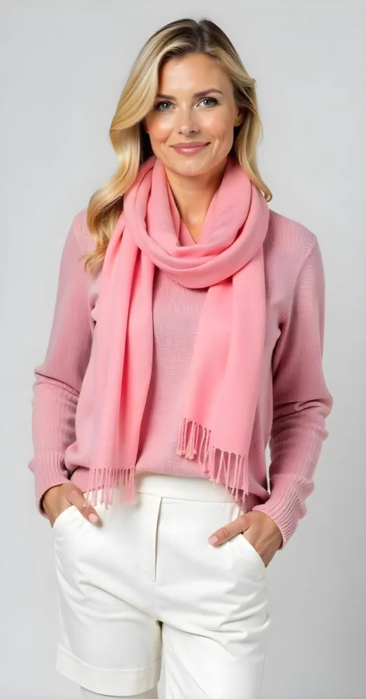 A White Woman 30 Years Old With Blonde Hair Wearing A Pink Sweater A White Skirt And A Pink Scarf Studio Background 23 2fde
