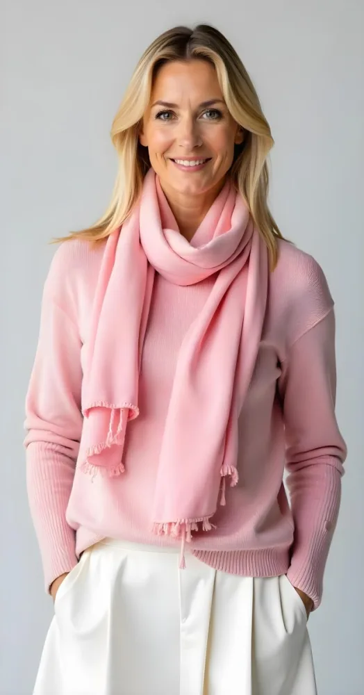 A White Woman 30 Years Old With Blonde Hair Wearing A Pink Sweater A White Skirt And A Pink Scarf Studio Background 8 951e