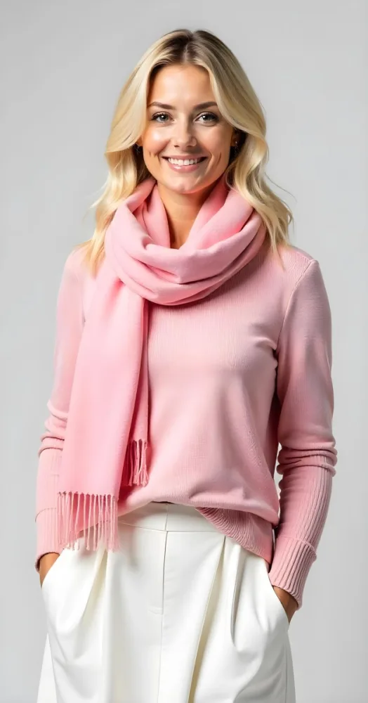 A White Woman 30 Years Old With Blonde Hair Wearing A Pink Sweater A White Skirt And A Pink Scarf Studio Background 9 Ec93
