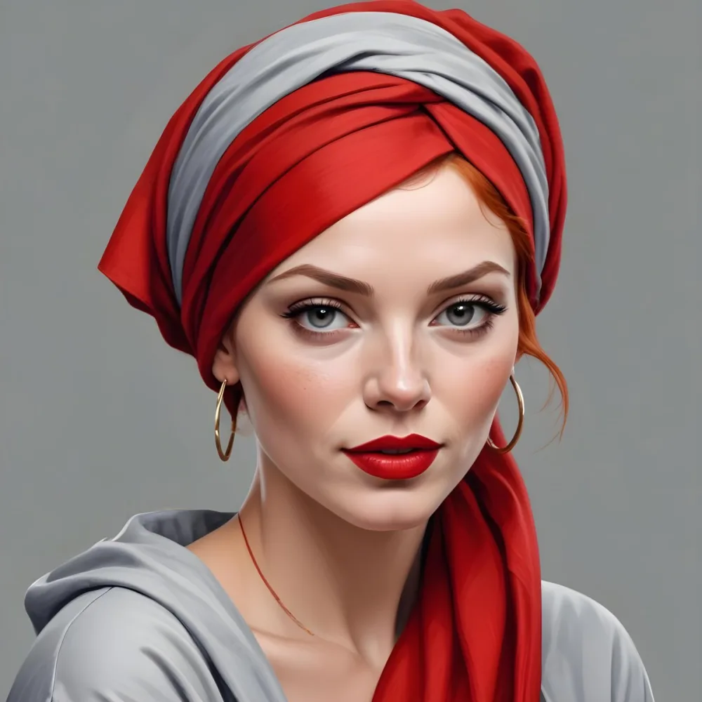 A White Woman 30 Years Old With Light Skin And Red Hair Wearing A Red Headscarf And Red Lipstick Earrings In A Grey Background 11 Bdbc