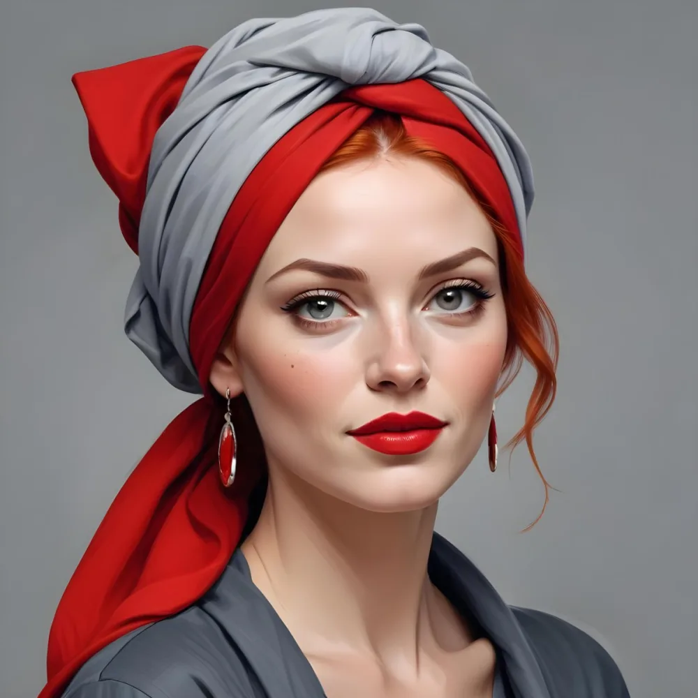 A White Woman 30 Years Old With Light Skin And Red Hair Wearing A Red Headscarf And Red Lipstick Earrings In A Grey Background 13 81b3