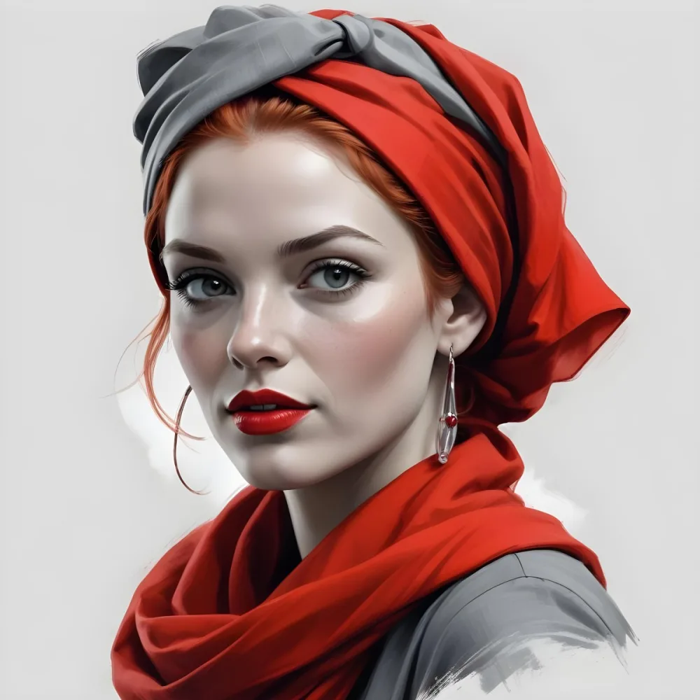 A White Woman 30 Years Old With Light Skin And Red Hair Wearing A Red Headscarf And Red Lipstick Earrings In A Grey Background 14 A18d