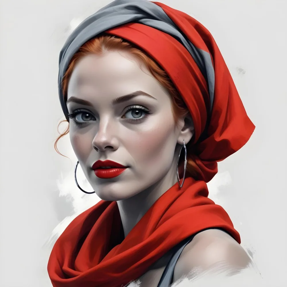 A White Woman 30 Years Old With Light Skin And Red Hair Wearing A Red Headscarf And Red Lipstick Earrings In A Grey Background 18 2e52
