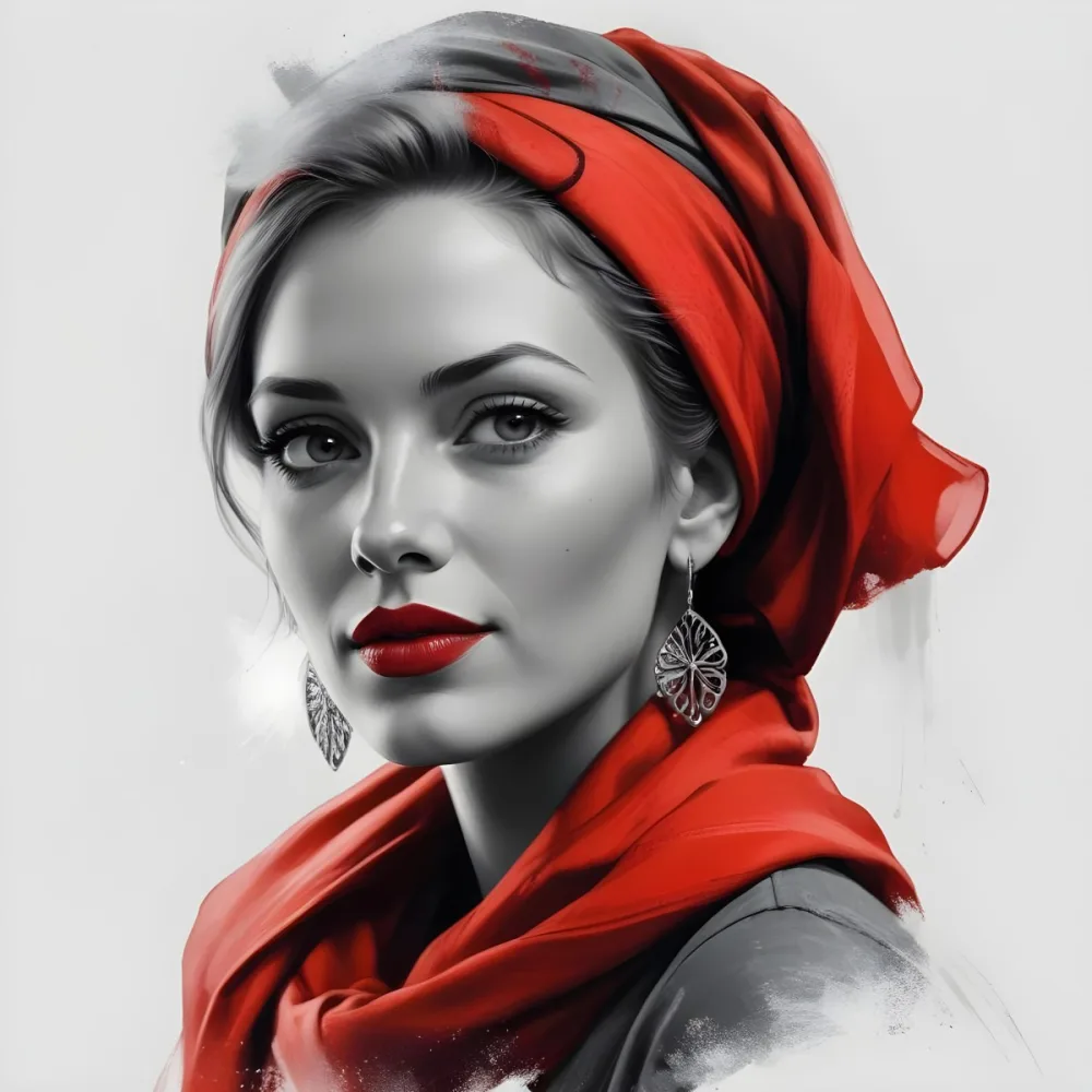 A White Woman 30 Years Old With Light Skin And Red Hair Wearing A Red Headscarf And Red Lipstick Earrings In A Grey Background 21 C860