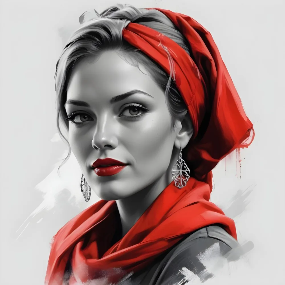 A White Woman 30 Years Old With Light Skin And Red Hair Wearing A Red Headscarf And Red Lipstick Earrings In A Grey Background 23 D084