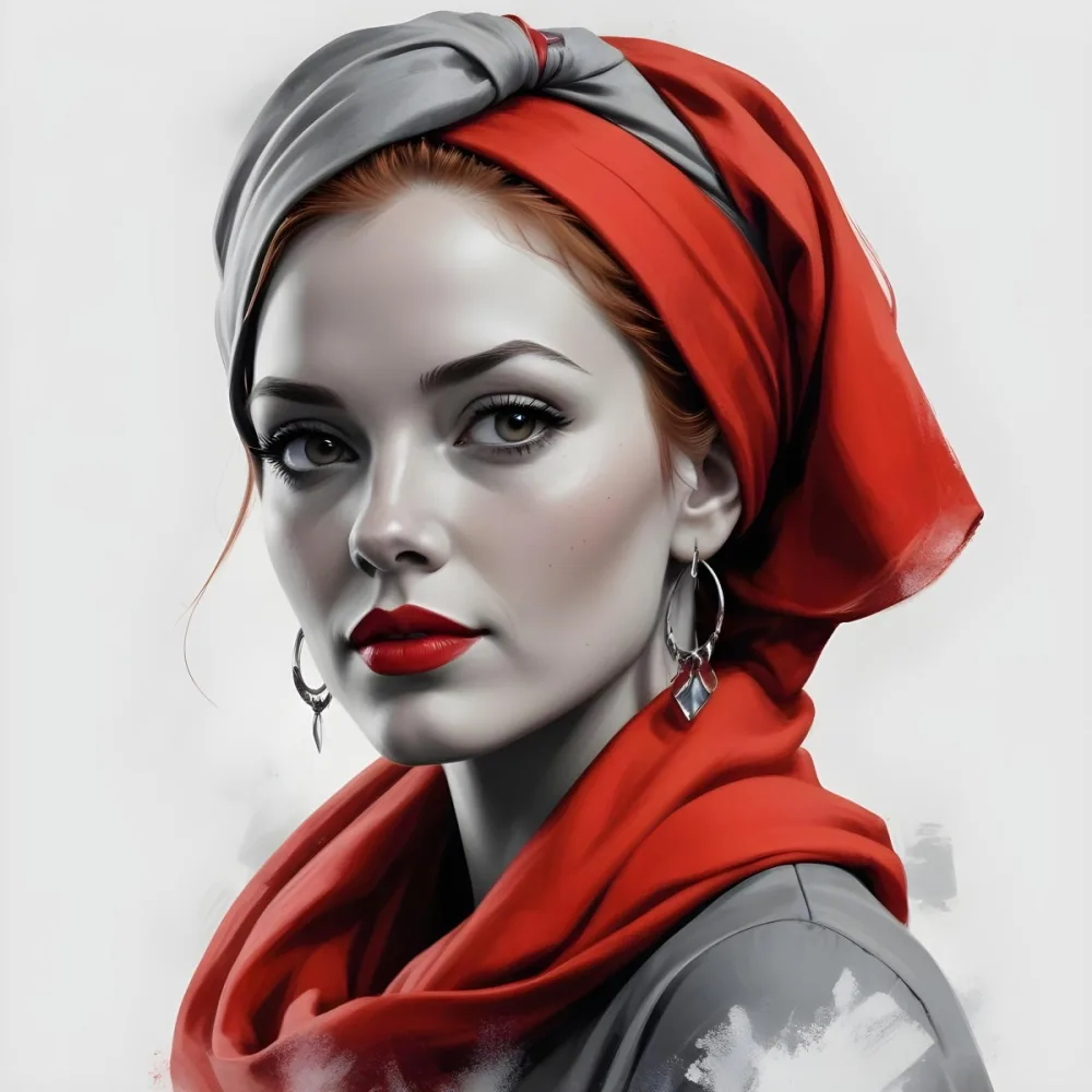 A White Woman 30 Years Old With Light Skin And Red Hair Wearing A Red Headscarf And Red Lipstick Earrings In A Grey Background 26 Fcd6