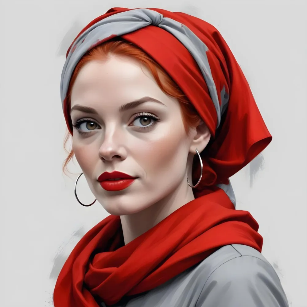 A White Woman 30 Years Old With Light Skin And Red Hair Wearing A Red Headscarf And Red Lipstick Earrings In A Grey Background 5 B028