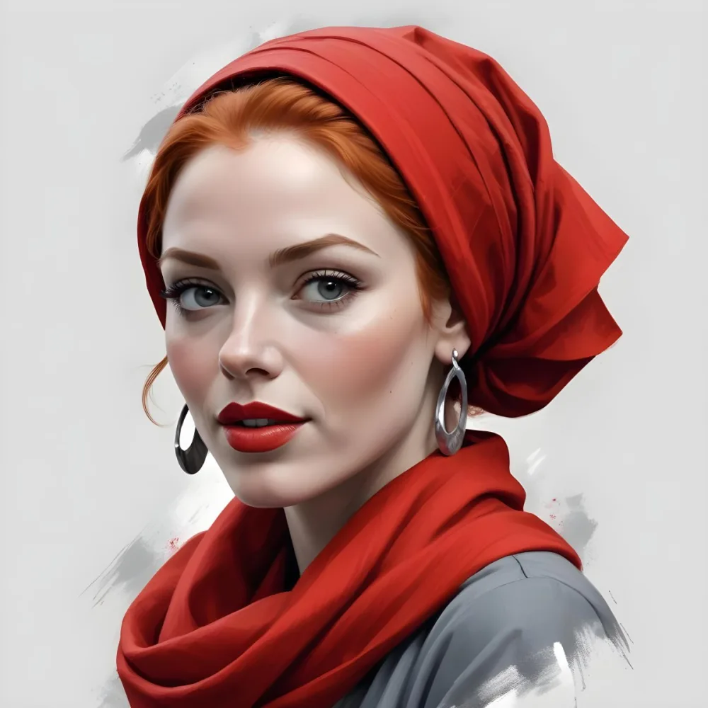 A White Woman 30 Years Old With Light Skin And Red Hair Wearing A Red Headscarf And Red Lipstick Earrings In A Grey Background 6 74de